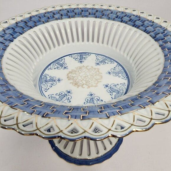 SATSUMA Footed 9" Handpainted Blue & White Floral Pedestal Dish - Picture 7 of 12